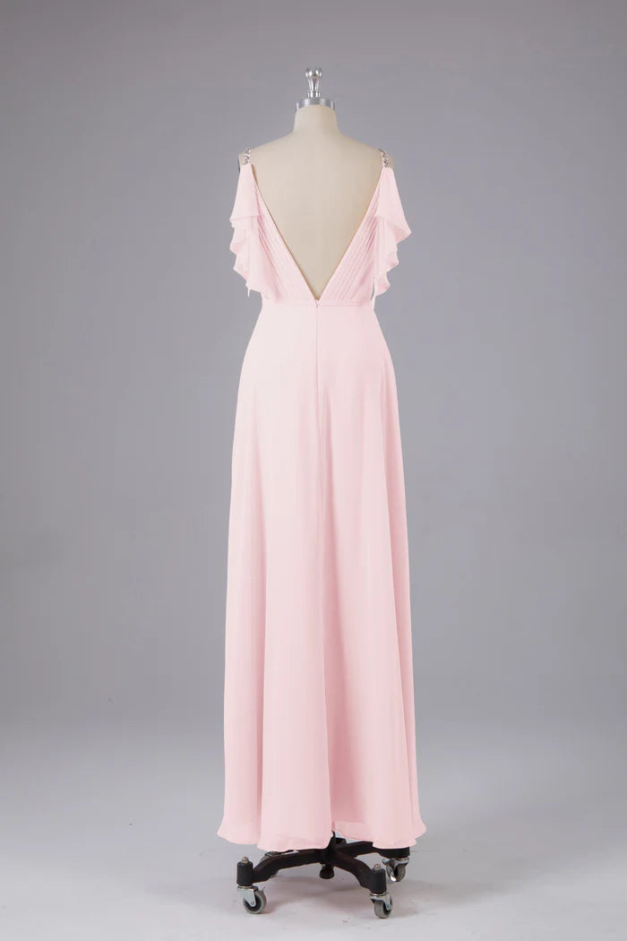 Romantic A-Line Deep-V Ruffle-Sleeve Open-Back Chiffon Floor-Length Bridesmaid Dresses