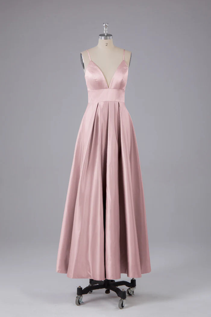 Romantic A-Line Deep-V Spaghetti-Strap Open-Back Satin Floor-Length Bridesmaid Dresses