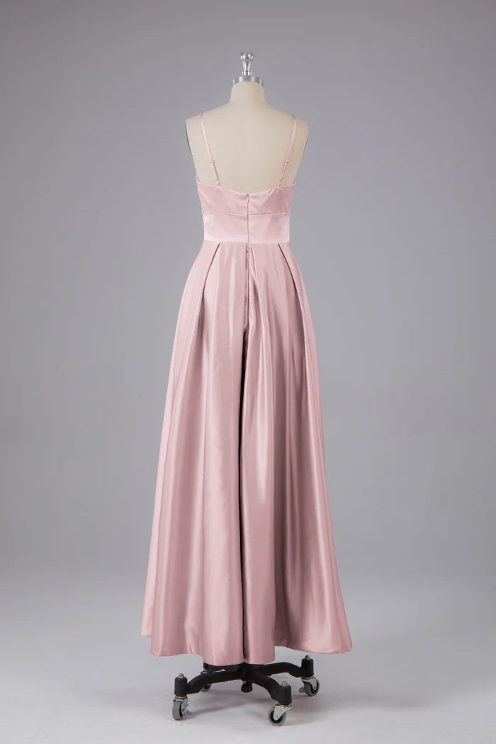 Romantic A-Line Deep-V Spaghetti-Strap Open-Back Satin Floor-Length Bridesmaid Dresses