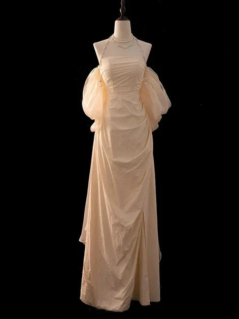 Romantic A-Line Halter-Neck Chiffon Pearl-Accent Ruched Floor-Length Evening Dresses