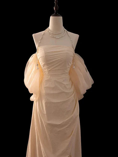 Romantic A-Line Halter-Neck Chiffon Pearl-Accent Ruched Floor-Length Evening Dresses