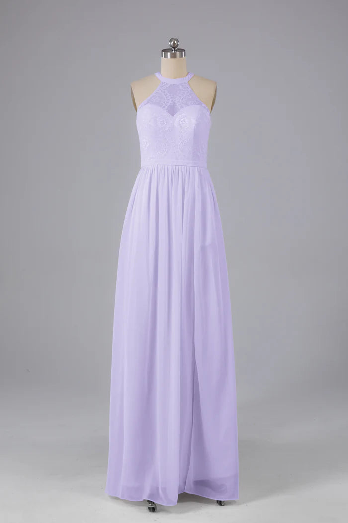 Romantic A-Line Halter-Neck Lace Keyhole-Back Floor-Length Bridesmaid Dresses