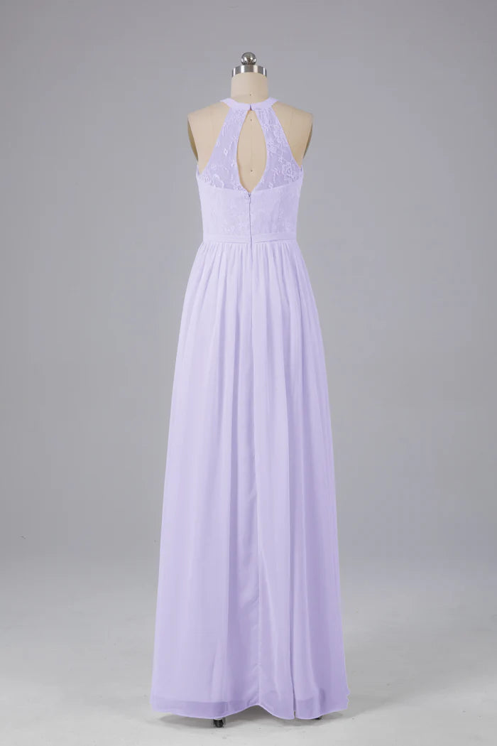 Romantic A-Line Halter-Neck Lace Keyhole-Back Floor-Length Bridesmaid Dresses
