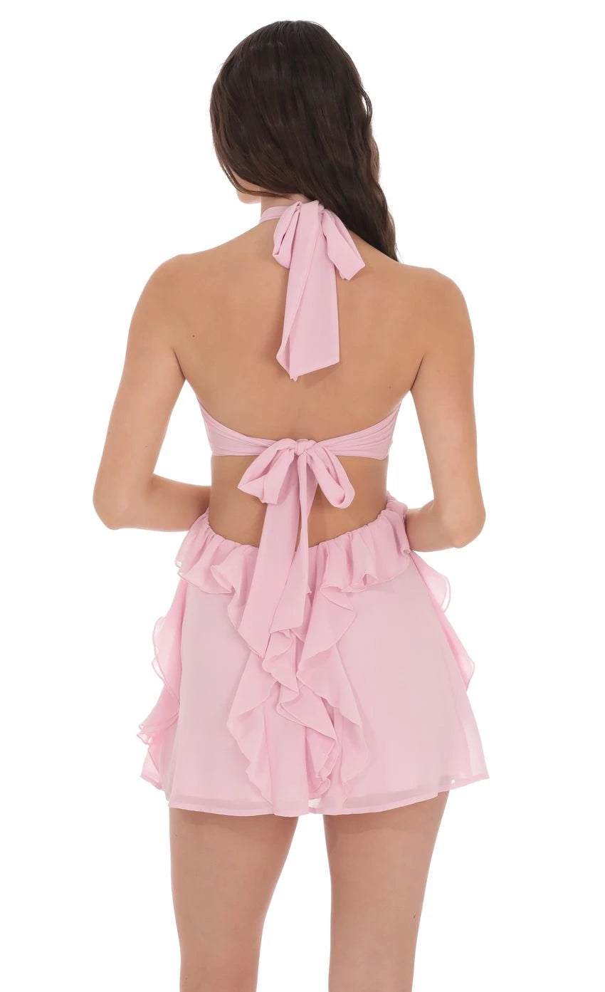 Romantic A-Line Halter-Neck Sleeveless Ruffle-Back Short Length Homecoming Dresses