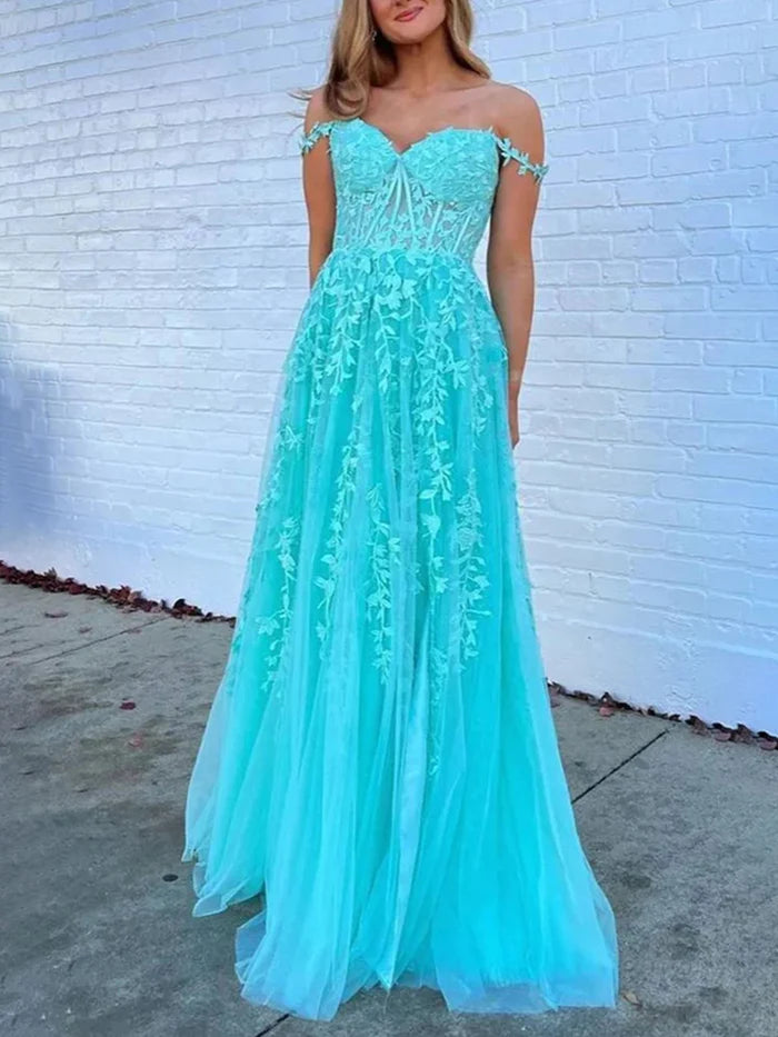 Romantic A - Line Off - Shoulder Lace Short Sleeve Zipper Back Long Length Prom Dresses