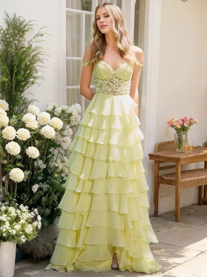Romantic A - Line Off - Shoulder Lace Sleeve Zipper Back Long Length Prom Dresses