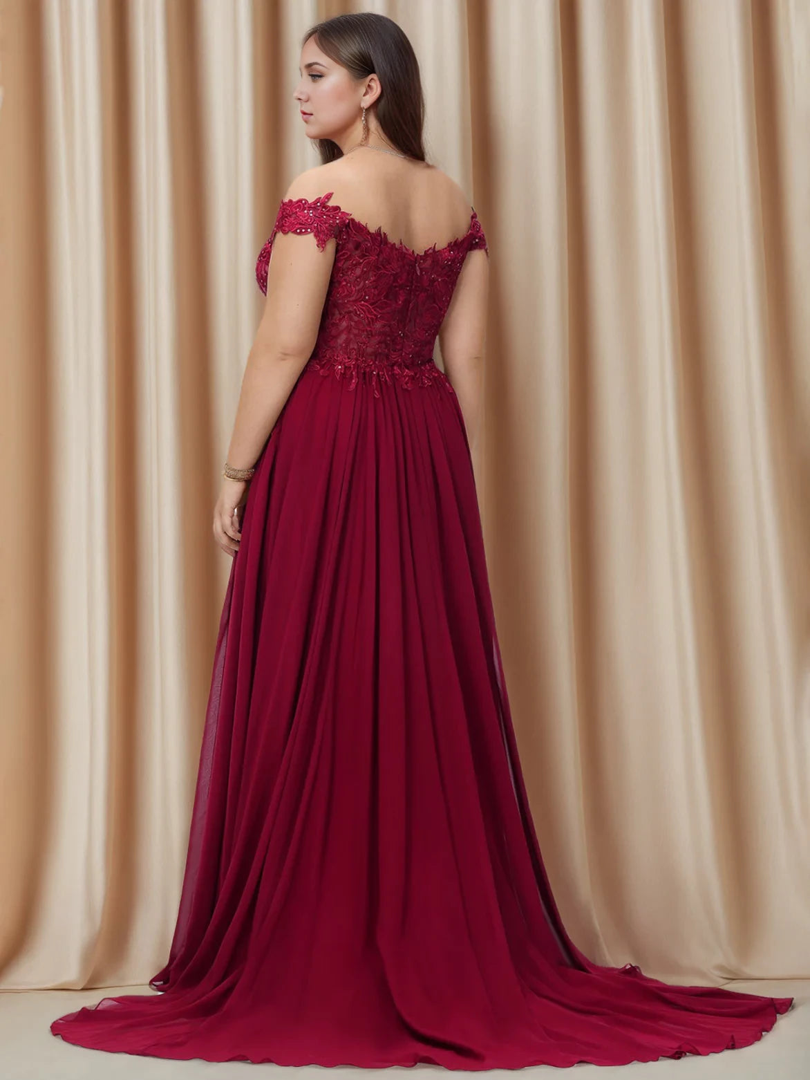 Plus Size Romantic A - Line Off - Shoulder Lace Sleeve Zipper Back Long Length Prom Dresses
