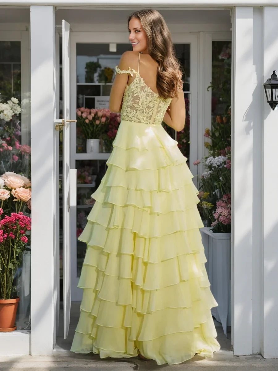 Romantic A - Line Off - Shoulder Lace Sleeve Zipper Back Long Length Prom Dresses