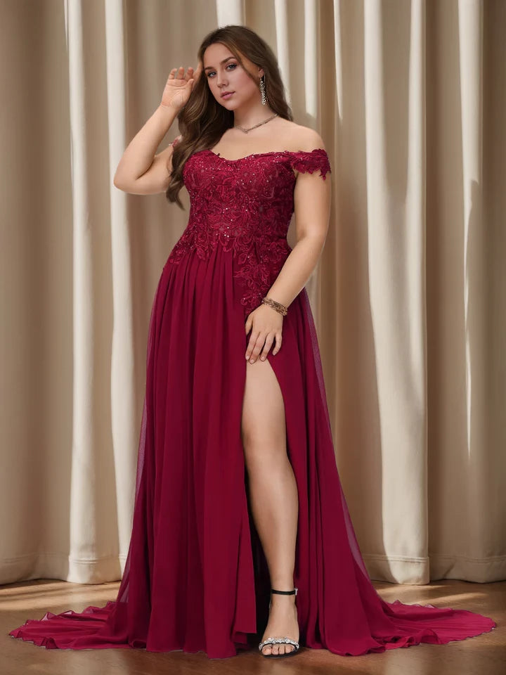 Plus Size Romantic A - Line Off - Shoulder Lace Sleeve Zipper Back Long Length Prom Dresses