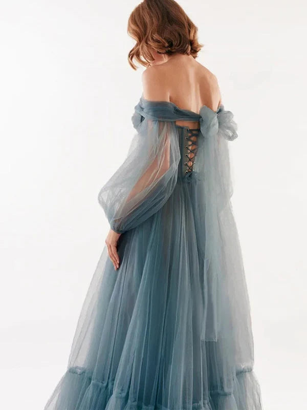 Romantic A - Line Off - Shoulder Puff - Sleeve Lace - Up Back Floor - Length Evening Gown