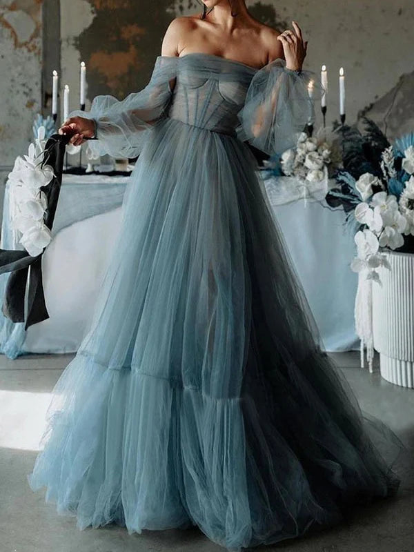 Romantic A - Line Off - Shoulder Puff - Sleeve Lace - Up Back Floor - Length Evening Gown