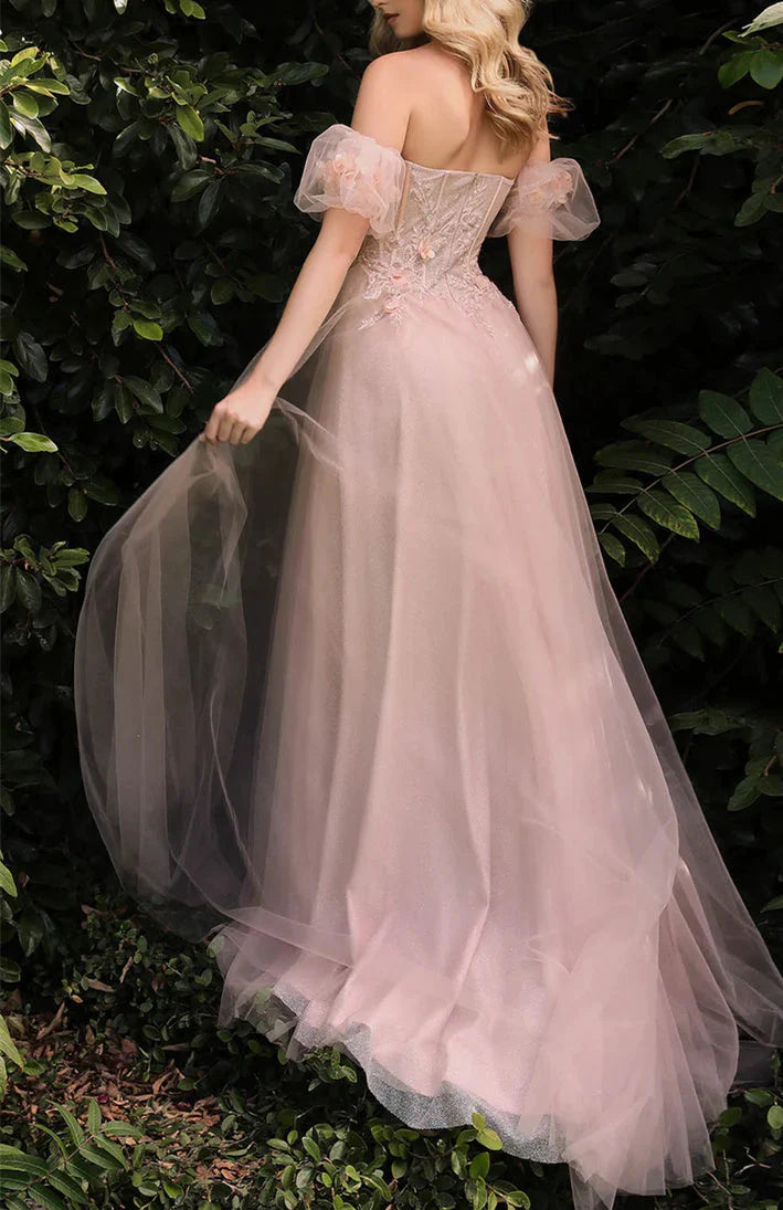 Romantic A - Line Off - Shoulder Puff - Sleeve Open - Back Floor - Length Evening Gown