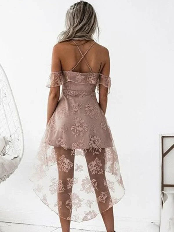 Romantic A - Line Off - Shoulder Ruffle Sleeve Criss - Cross Back High - Low Length Homecoming Dresses