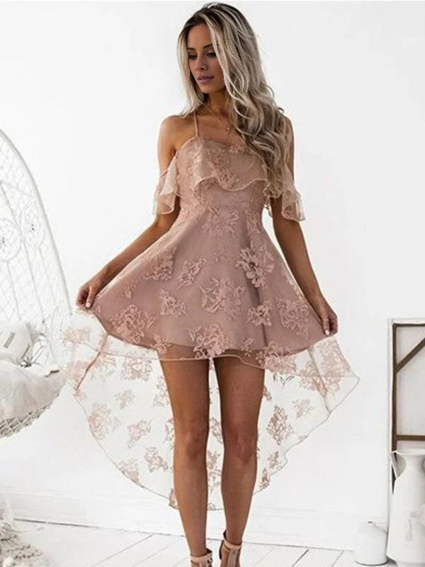 Romantic A - Line Off - Shoulder Ruffle Sleeve Criss - Cross Back High - Low Length Homecoming Dresses