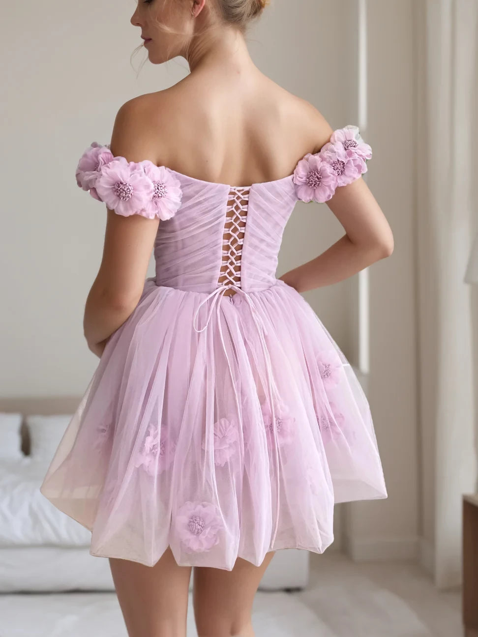 Romantic A - Line Off - Shoulder Short Sleeve Lace - Up Back Mini Length Homecoming Dresses