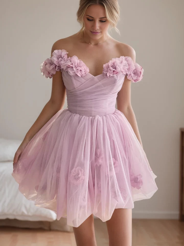 Romantic A - Line Off - Shoulder Short Sleeve Lace - Up Back Mini Length Homecoming Dresses