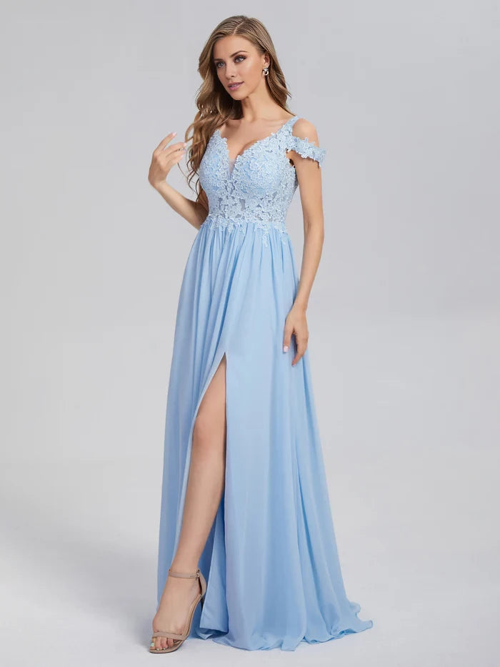 Romantic A - Line Plunge Neck Off - Shoulder Sleeve Zipper Back Long Length Prom Dresses