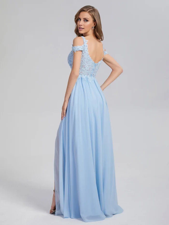 Romantic A - Line Plunge Neck Off - Shoulder Sleeve Zipper Back Long Length Prom Dresses