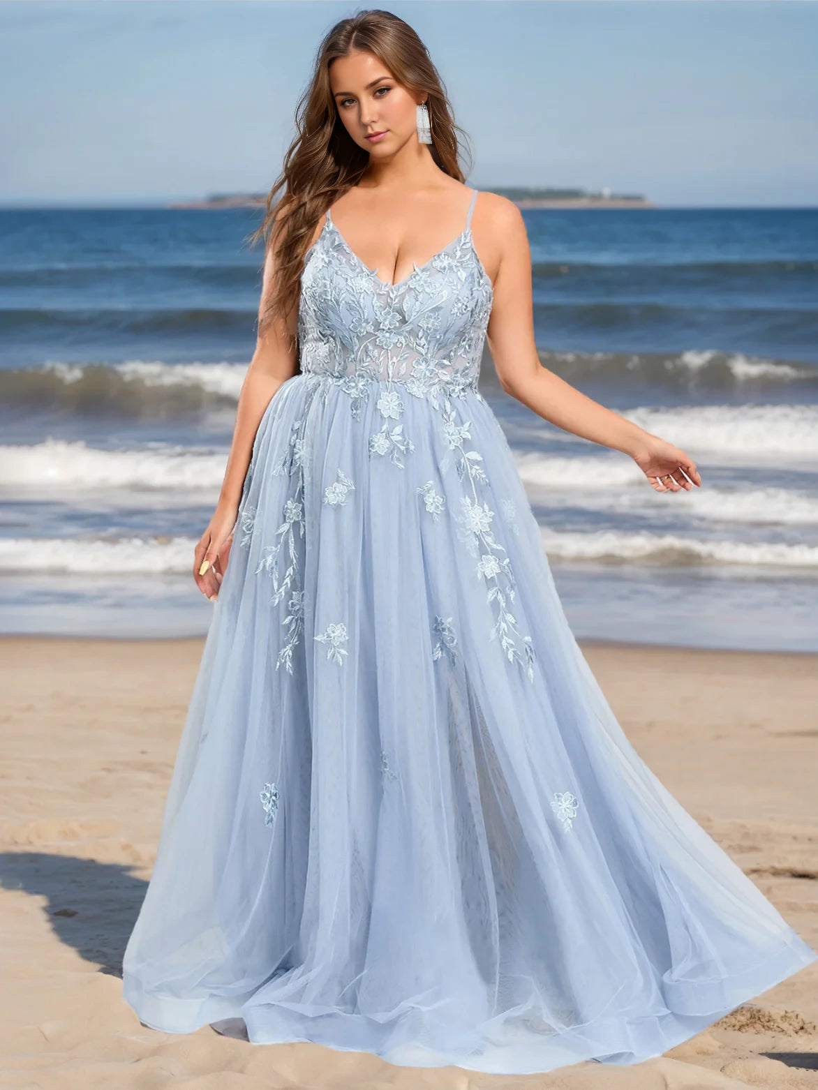 Plus Size Romantic A - Line Plunge Neck Sleeveless Open Back Long Length Prom Dresses