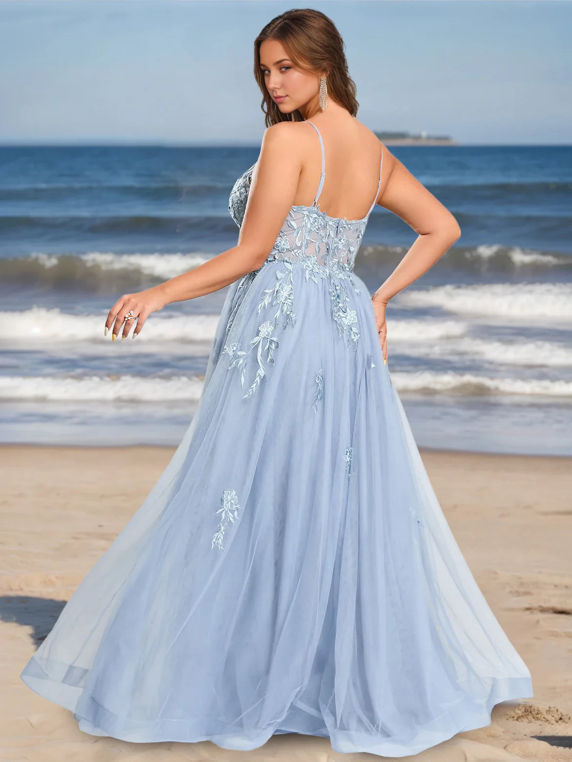Plus Size Romantic A - Line Plunge Neck Sleeveless Open Back Long Length Prom Dresses