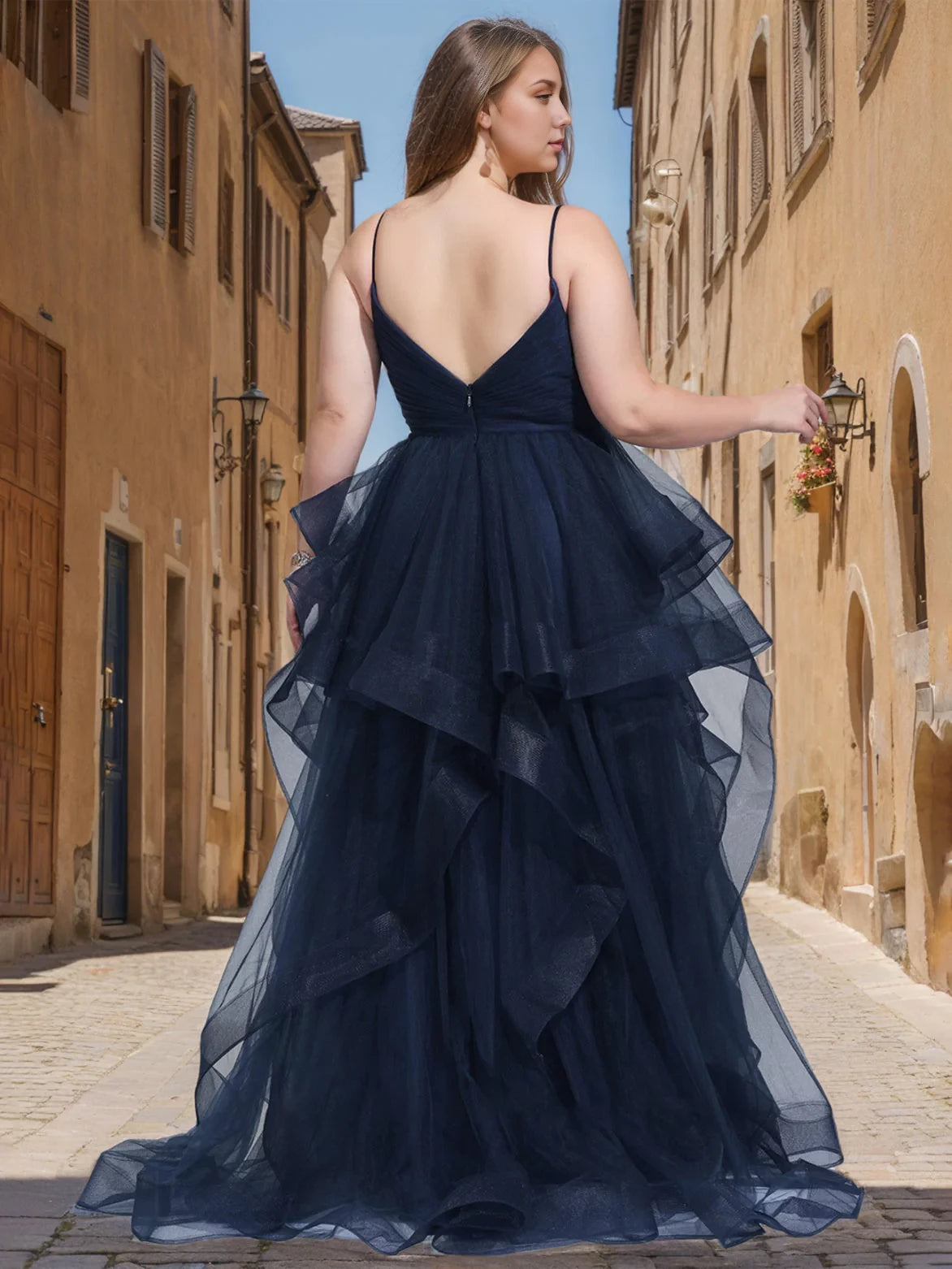 Plus Size Romantic A - Line Plunge Neck Sleeveless Open Back Long Length Prom Dresses