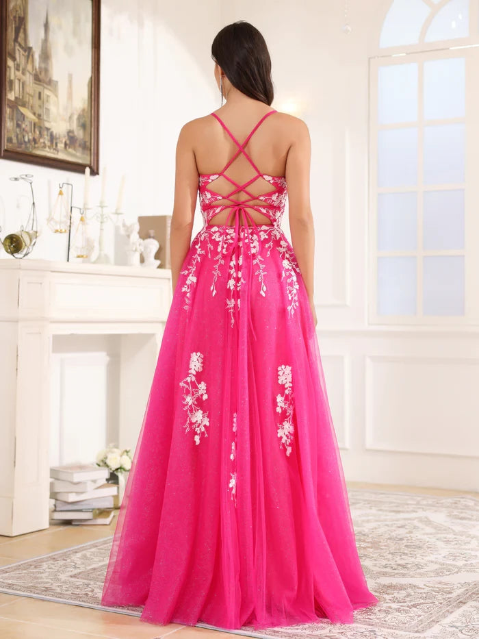 Romantic A - Line Plunge Neck Spaghetti Strap Lace - Up Back Long Length Prom Dresses