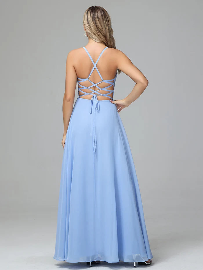 Romantic A - Line Plunge Neck Spaghetti Strap Lace - Up Back Long Length Prom Dresses