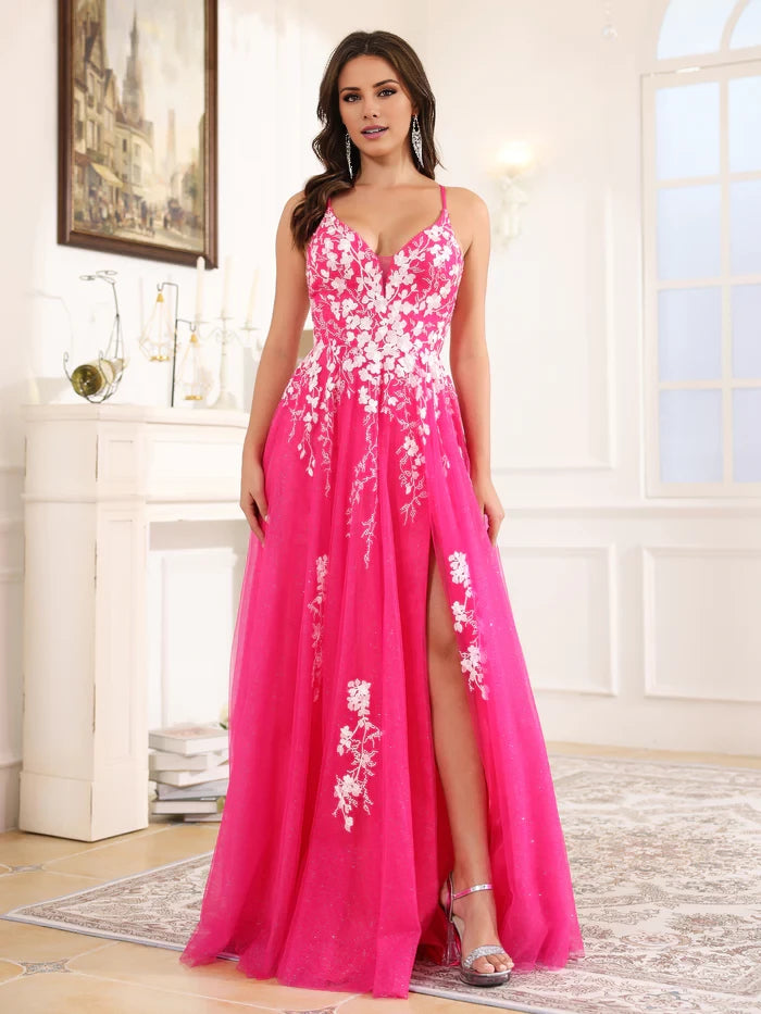 Romantic A - Line Plunge Neck Spaghetti Strap Lace - Up Back Long Length Prom Dresses