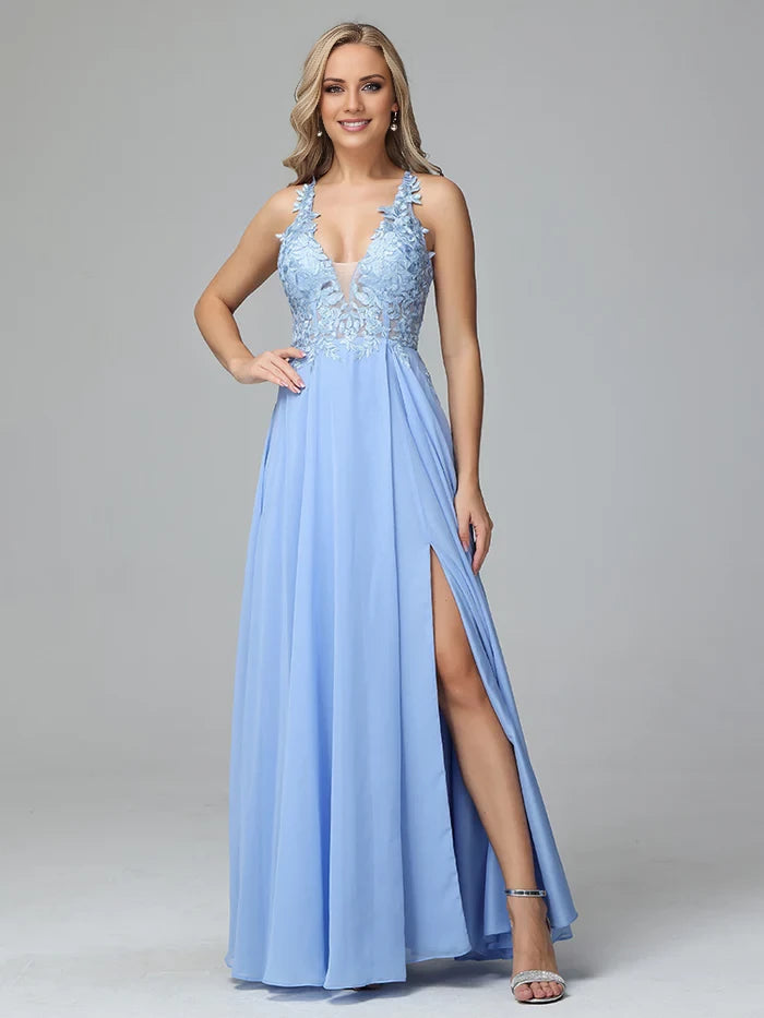 Romantic A - Line Plunge Neck Spaghetti Strap Lace - Up Back Long Length Prom Dresses