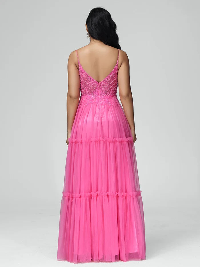 Romantic A - Line Plunge Neck Spaghetti Strap Zipper Back Long Length Prom Dresses