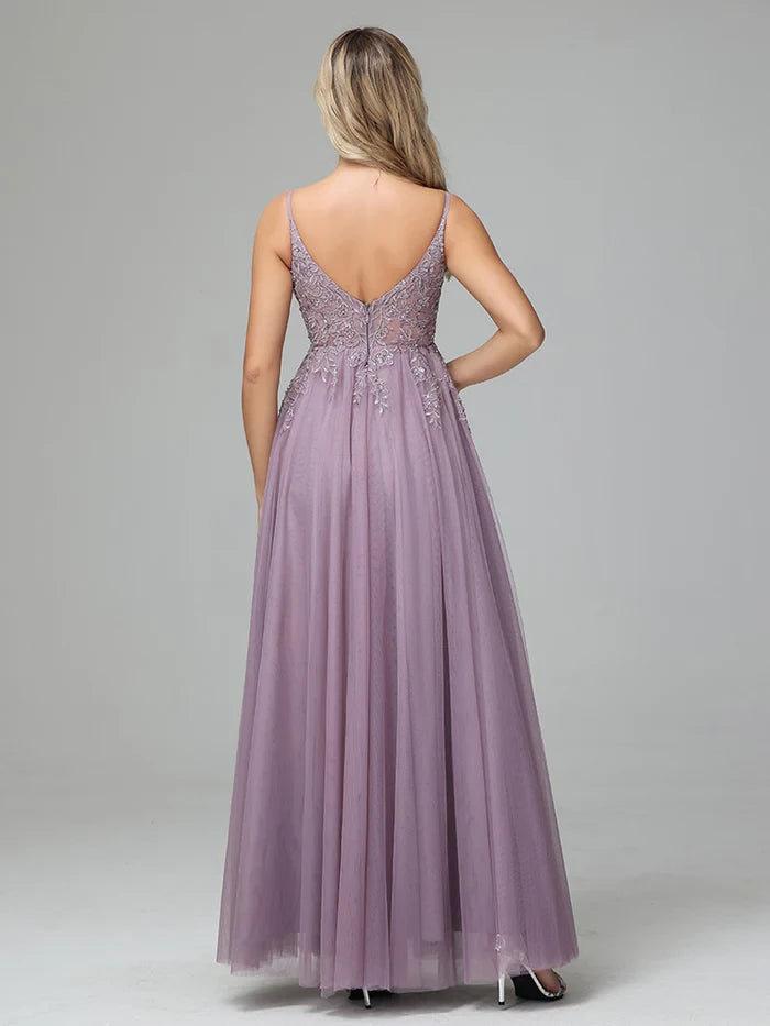 Romantic A - Line Plunge Neck Spaghetti Strap Zipper Back Long Length Prom Dresses