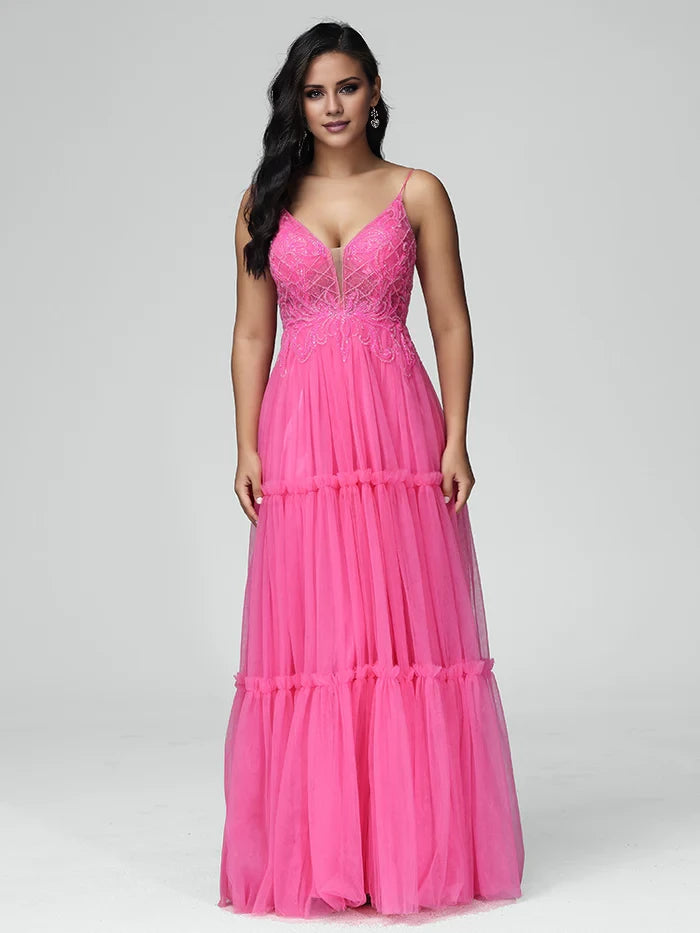 Romantic A - Line Plunge Neck Spaghetti Strap Zipper Back Long Length Prom Dresses