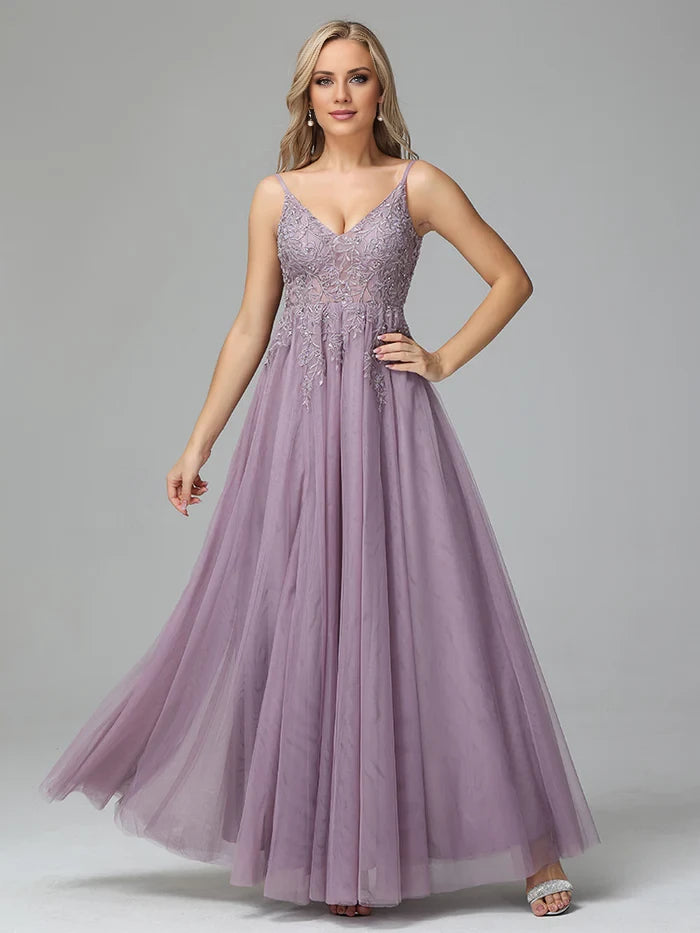 Romantic A - Line Plunge Neck Spaghetti Strap Zipper Back Long Length Prom Dresses