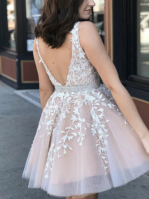 Romantic A - Line Plunging V - Neck Sleeveless Open Back Mini Length Homecoming Dresses