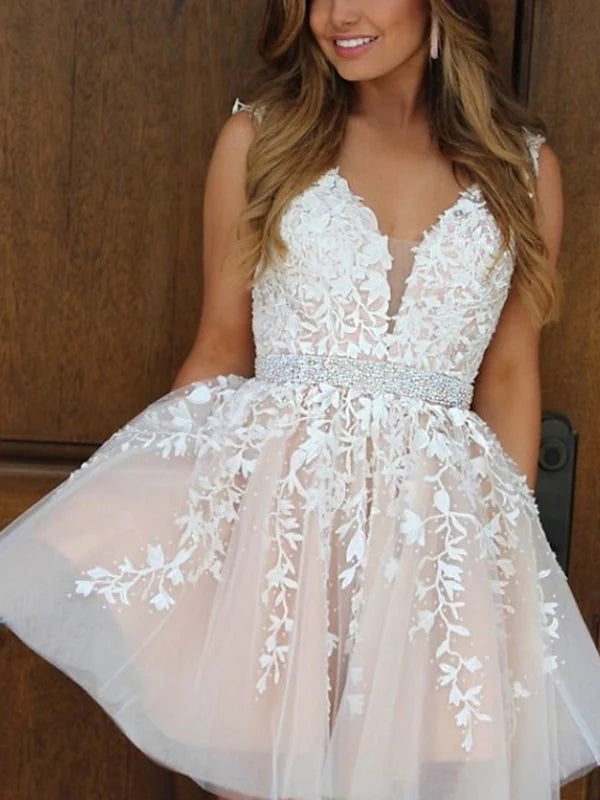 Romantic A - Line Plunging V - Neck Sleeveless Open Back Mini Length Homecoming Dresses