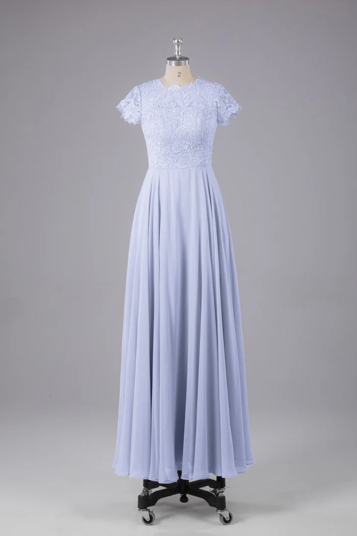 Romantic A-Line Scallop-Neck Lace-Short-Sleeve Keyhole-Back Periwinkle Chiffon Floor-Length Bridesmaid Dresses