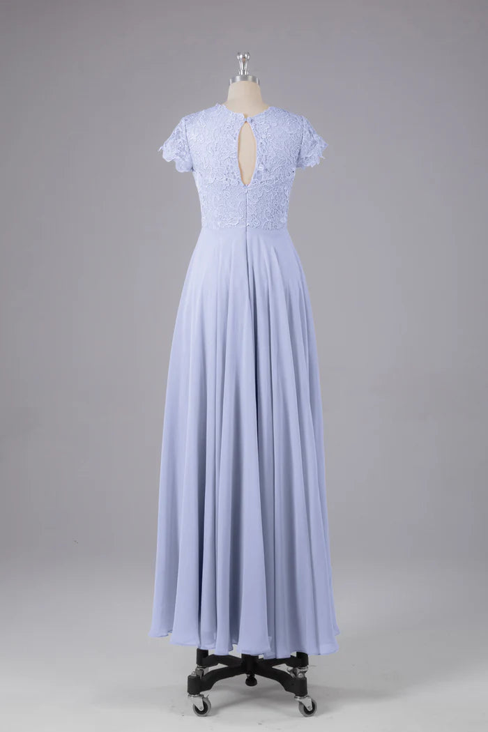 Romantic A-Line Scallop-Neck Lace-Short-Sleeve Keyhole-Back Periwinkle Chiffon Floor-Length Bridesmaid Dresses