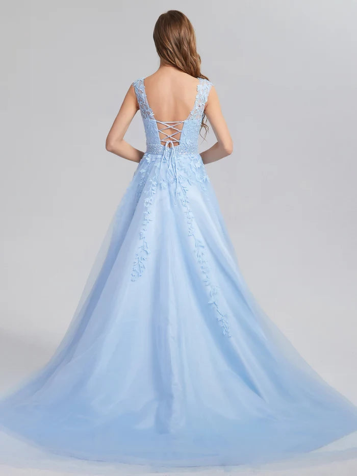 Romantic A - Line Scoop Neck Sleeveless Lace - Up Back Long Length Prom Dresses