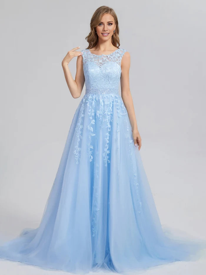 Romantic A - Line Scoop Neck Sleeveless Lace - Up Back Long Length Prom Dresses