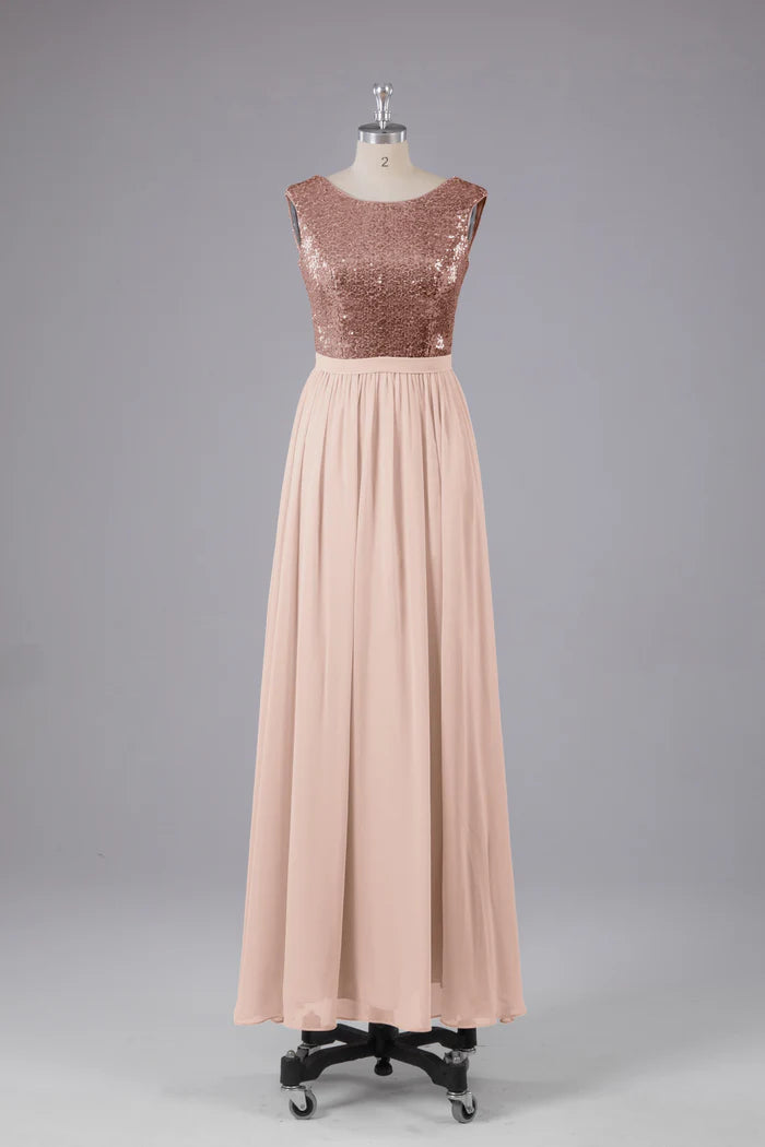 Romantic A-Line Scoop-Neck Sleeveless V-Back Sequin Chiffon Floor-Length Bridesmaid Dresses