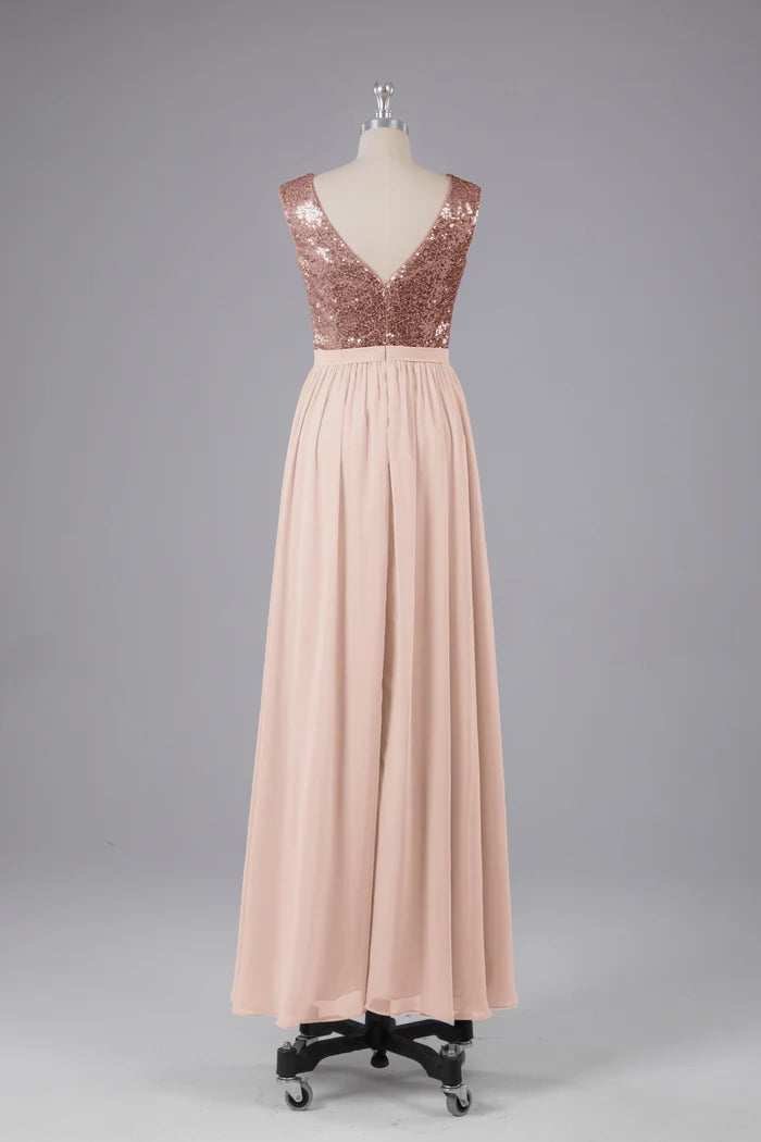 Romantic A-Line Scoop-Neck Sleeveless V-Back Sequin Chiffon Floor-Length Bridesmaid Dresses