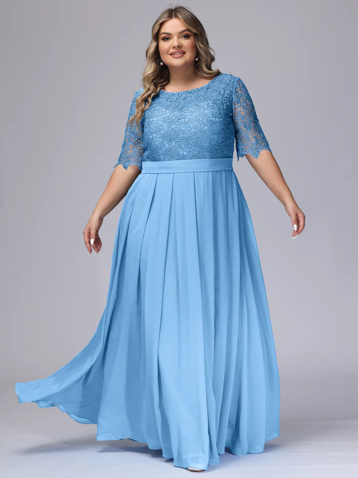Plus Size Romantic A-Line Scoop-Neck Three-Quarter-Lace-Sleeve Closed-Back Sky Blue Chiffon Floor-Length Bridesmaid Dresses