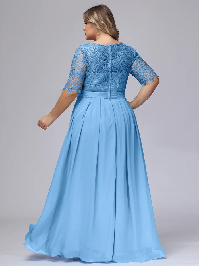 Plus Size Romantic A-Line Scoop-Neck Three-Quarter-Lace-Sleeve Closed-Back Sky Blue Chiffon Floor-Length Bridesmaid Dresses