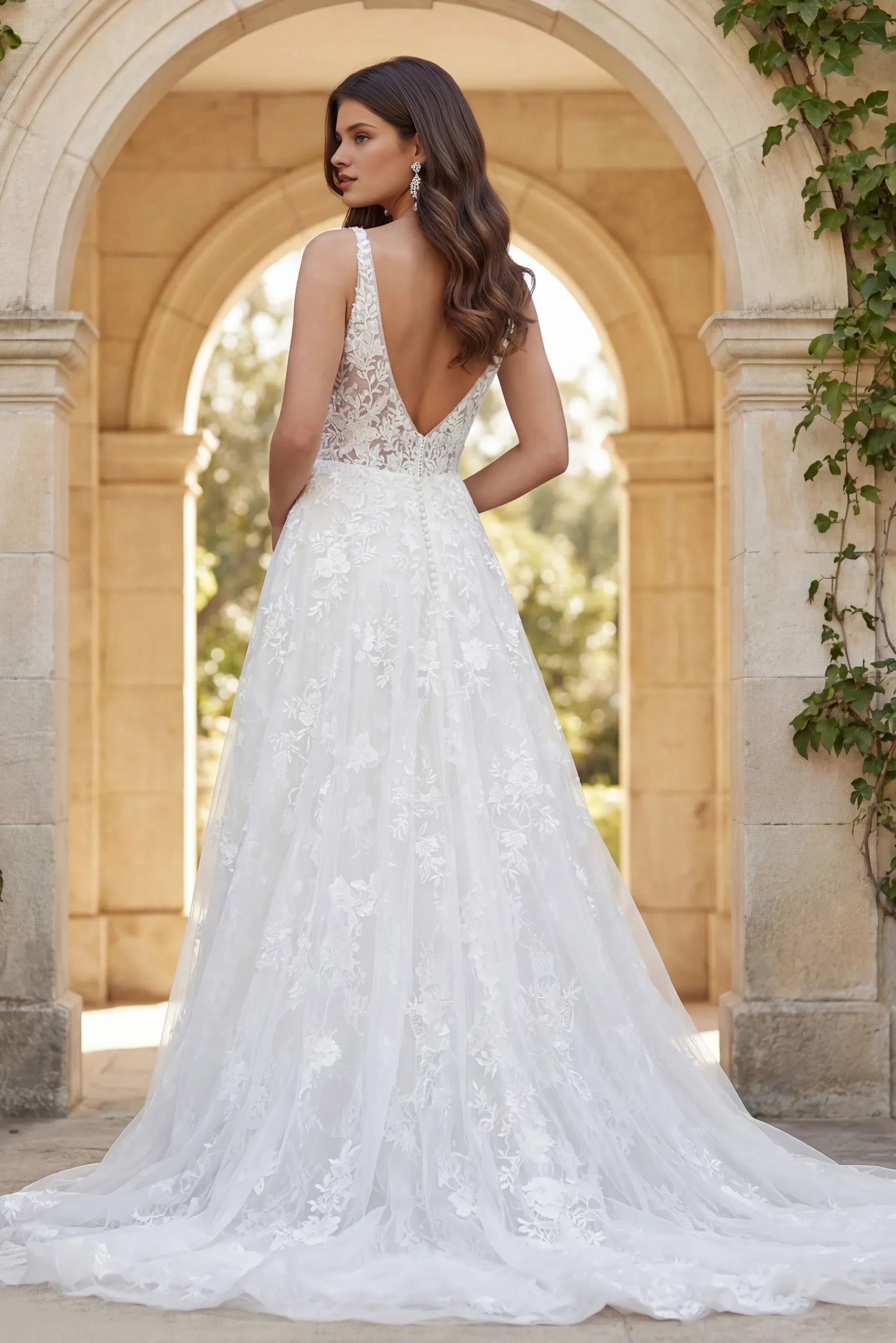 Romantic A-Line Spaghetti-Strap Floral-Lace Deep-V Open-Back Train Length Wedding Dresses