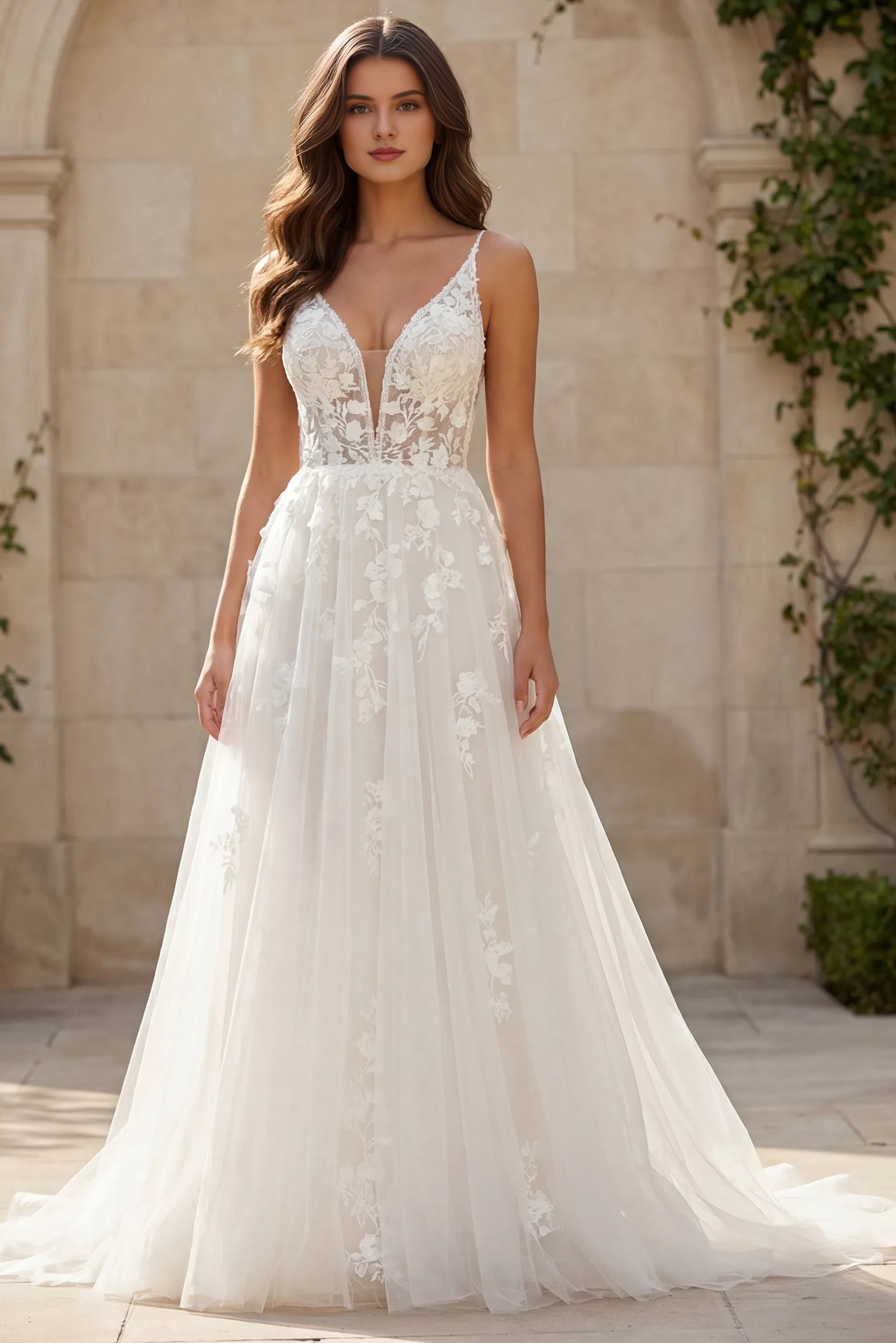 Romantic A-Line Spaghetti-Strap Floral-Lace Deep-V Open-Back Train Length Wedding Dresses