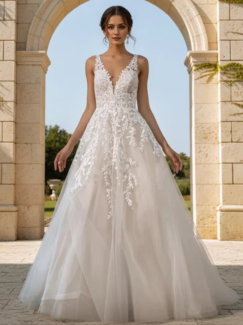 Romantic A-Line Spaghetti-Strap Floral-Lace Plunging-Back Train Length Wedding Dresses