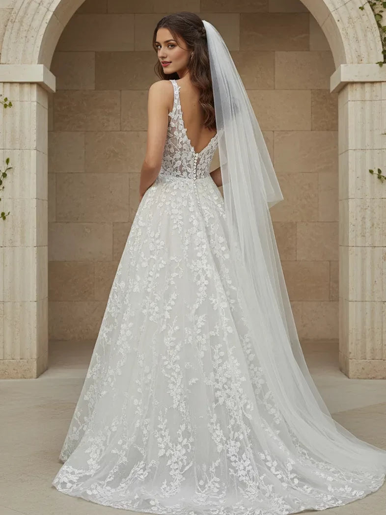 Romantic A-Line Spaghetti-Strap Floral-Lace Plunging-Back Train Length Wedding Dresses
