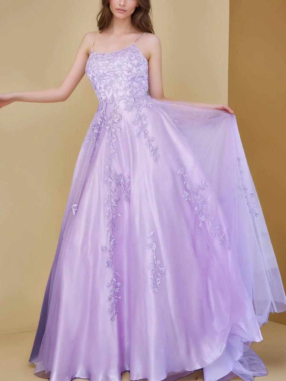 Romantic A - Line Spaghetti - Strap Lace - Up Back Floor - Length Evening Gown