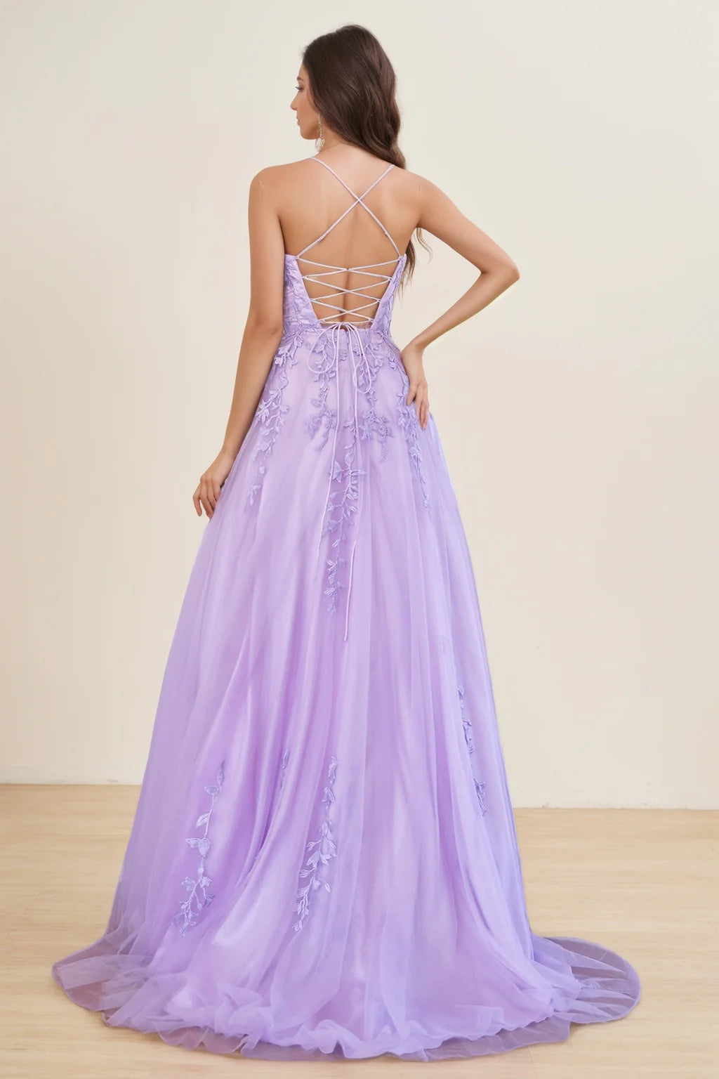 Romantic A - Line Spaghetti - Strap Lace - Up Back Floor - Length Evening Gown