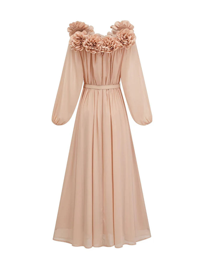 Romantic A - Line Square Neck Lantern Sleeve Belted Back Midi Length Prom Dresses